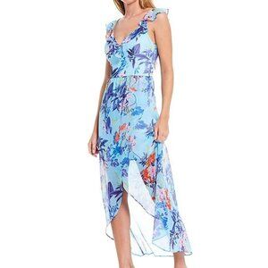 Guess Tropical Print Chiffon Ruffle V-Neck Sleeveless Hi-Low Midi Size 2 NWT
